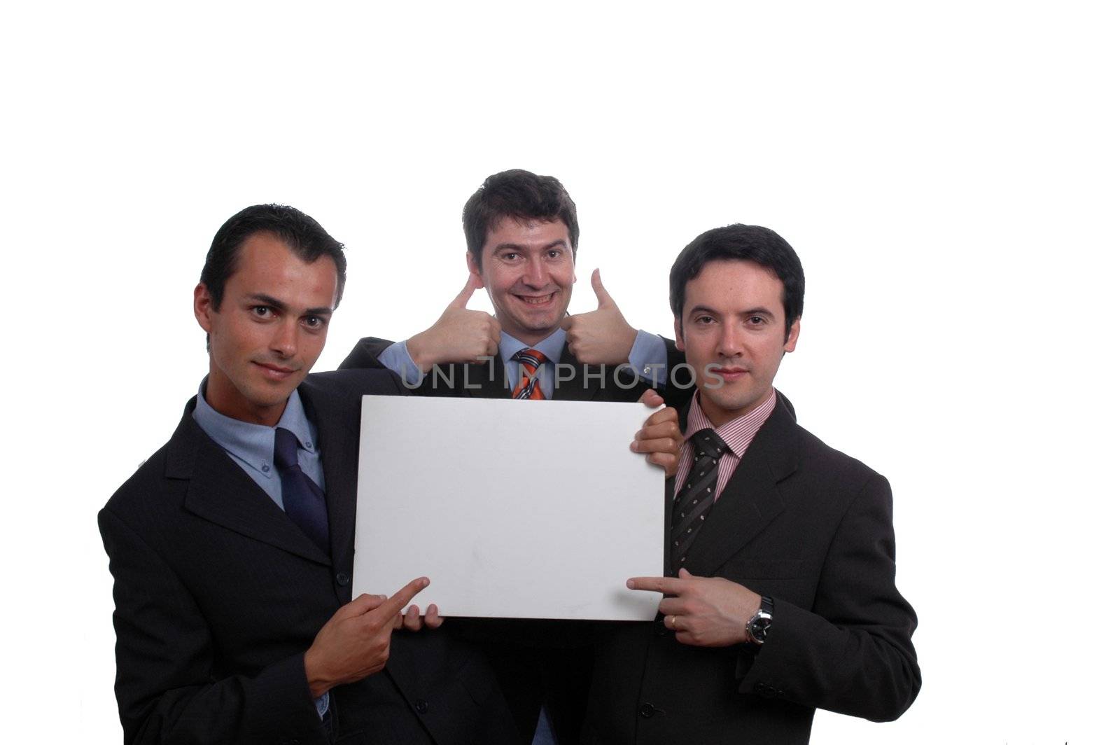 thre businessman holding white board