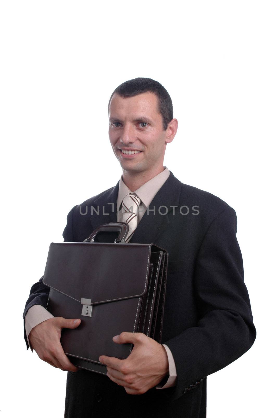 confident business man portrait with a folder over white background