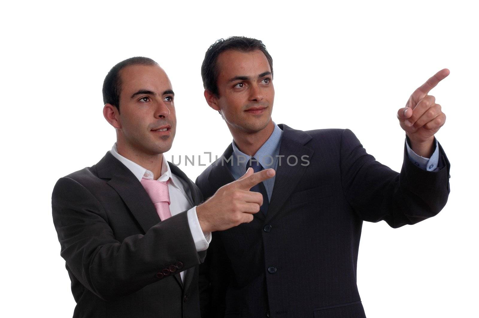 two young business men portrait poiting on white