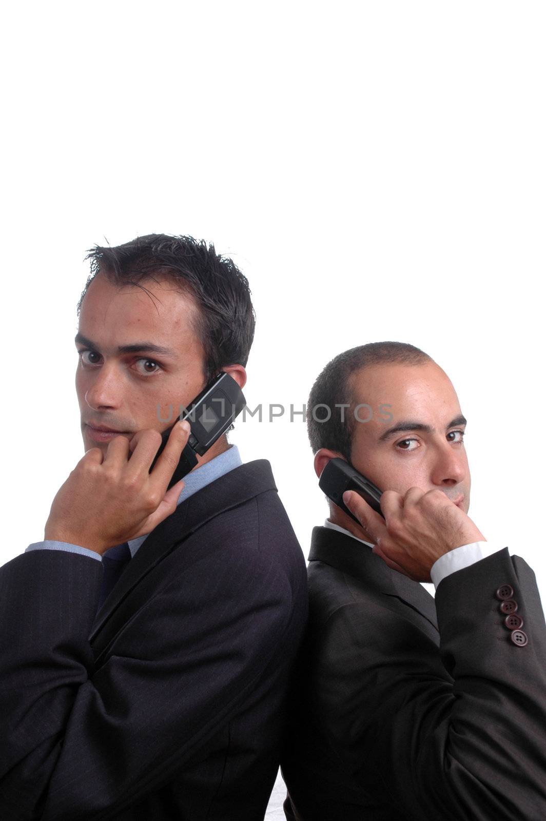 two young businessman talking to mobile phone isolated on white