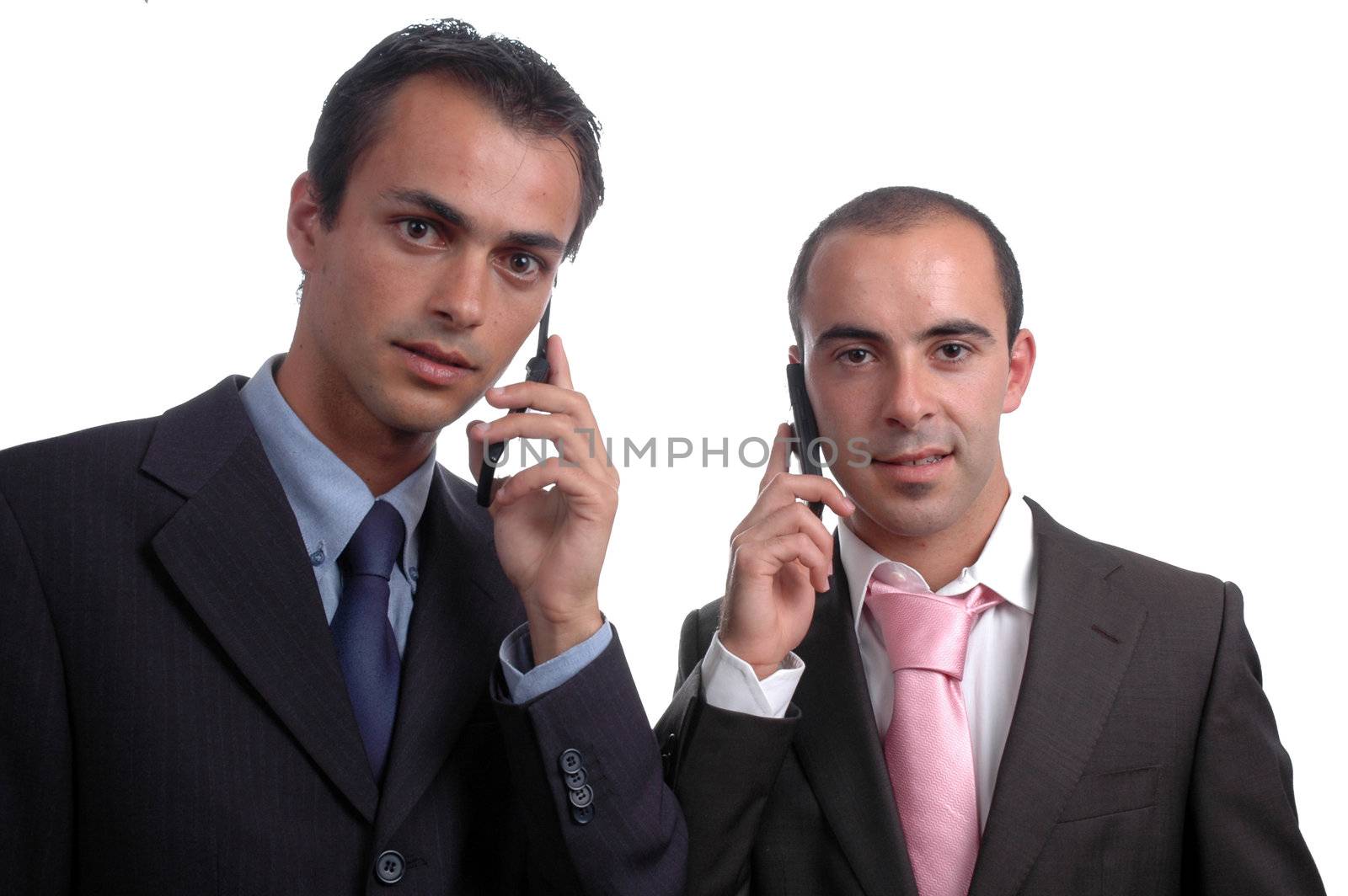 two young businessman talking to mobile phone isolated on white by raalves