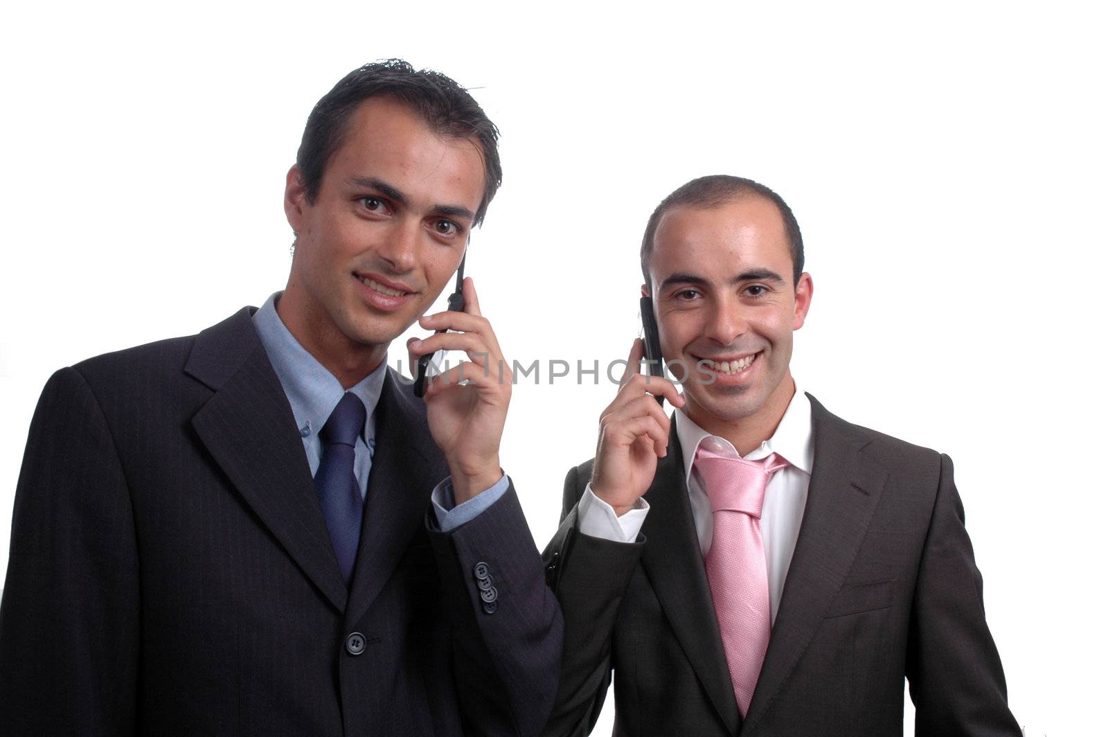 two young businessman talking to mobile phone isolated on white