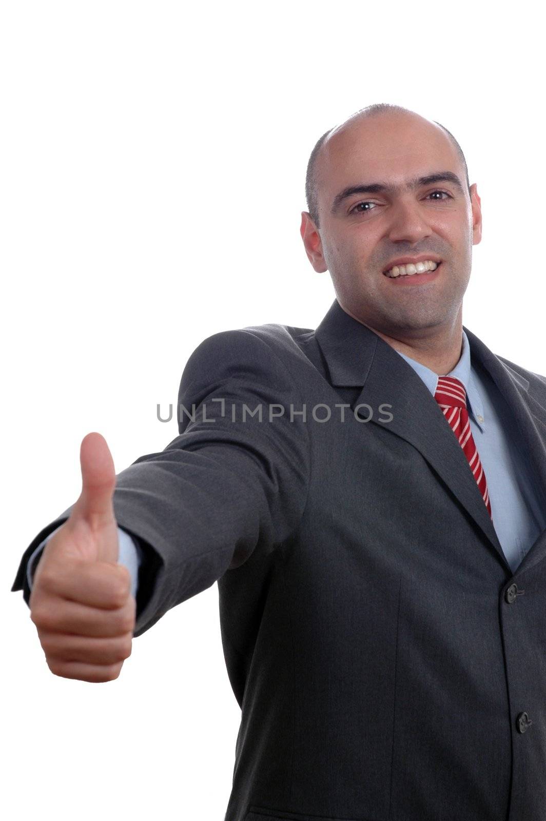 bald businessman thumb up isolated ove white background by raalves