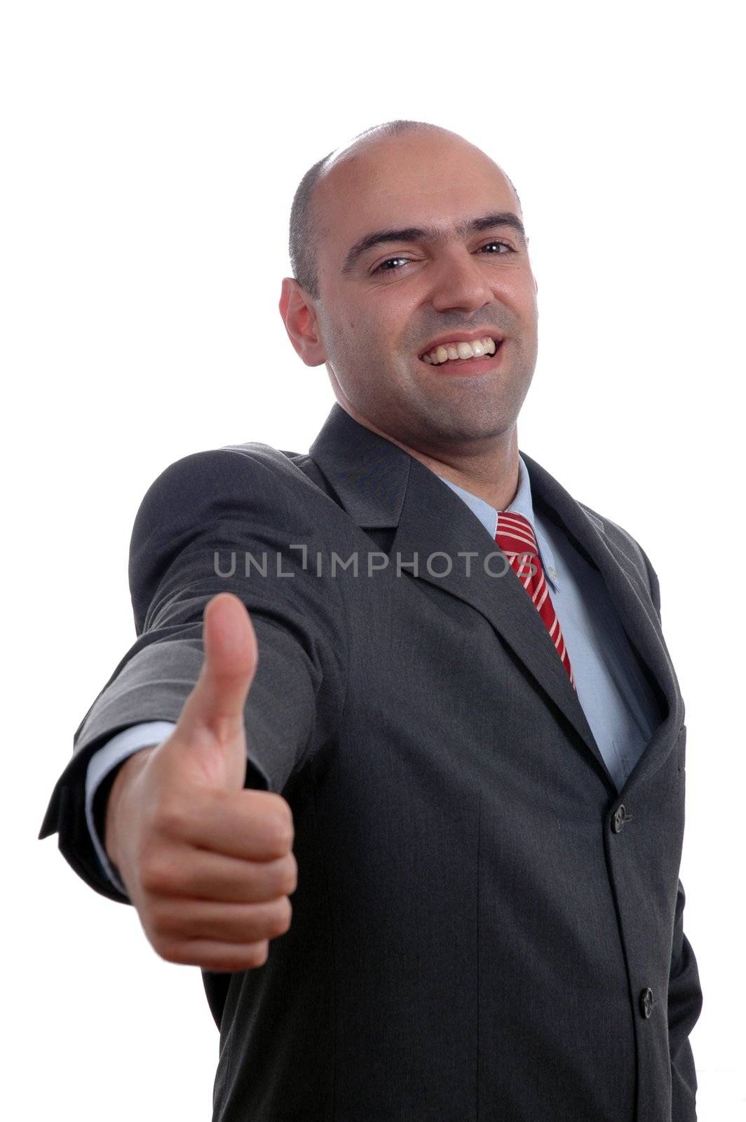 bald businessman thumb up isolated ove white background by raalves