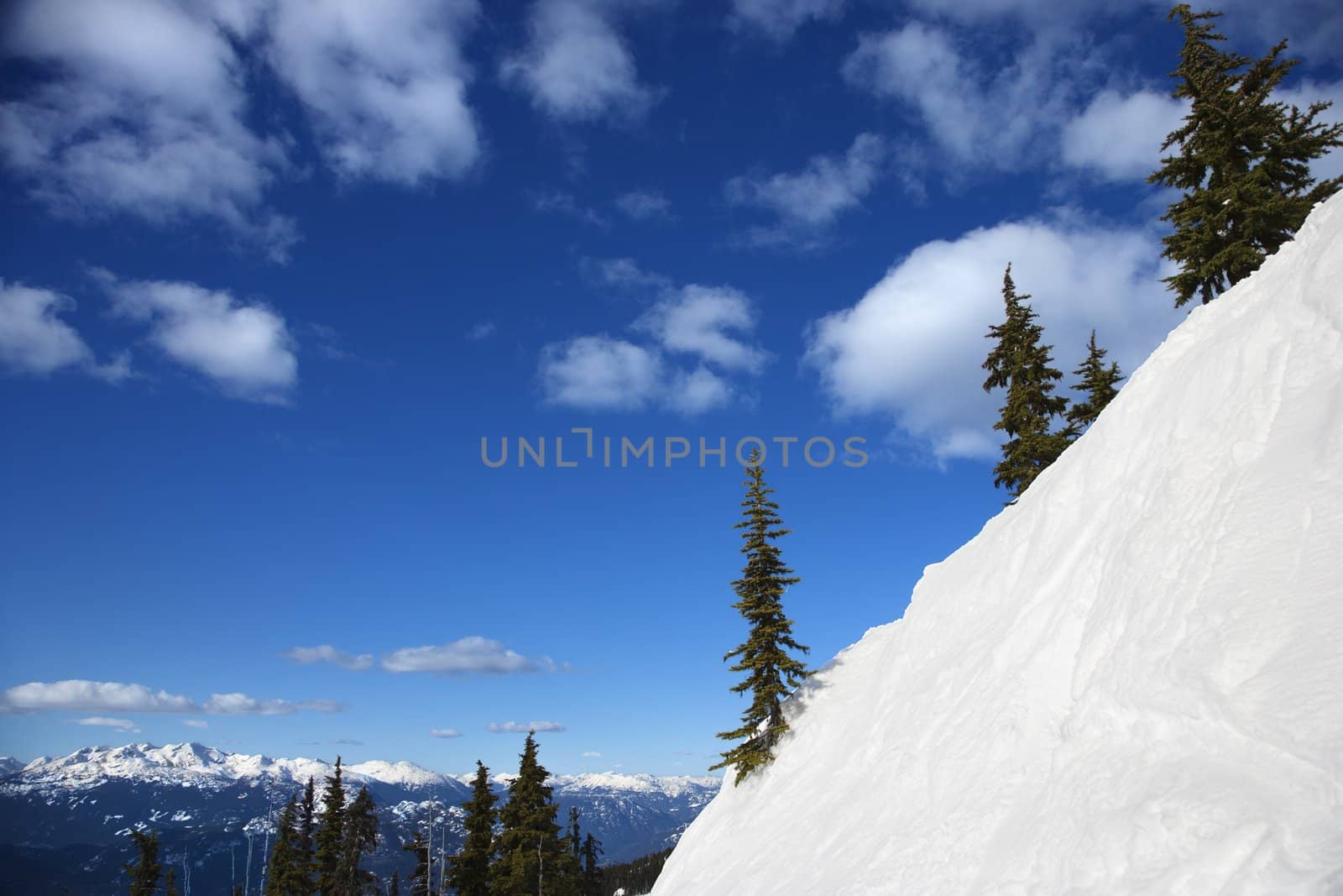 Scenic of snow-covered mountain side.