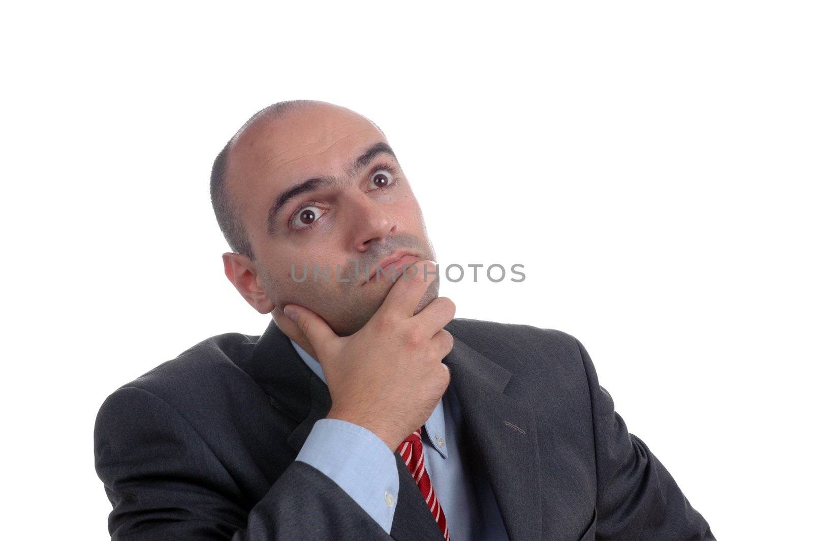 bald businessman thinking isolated on white background