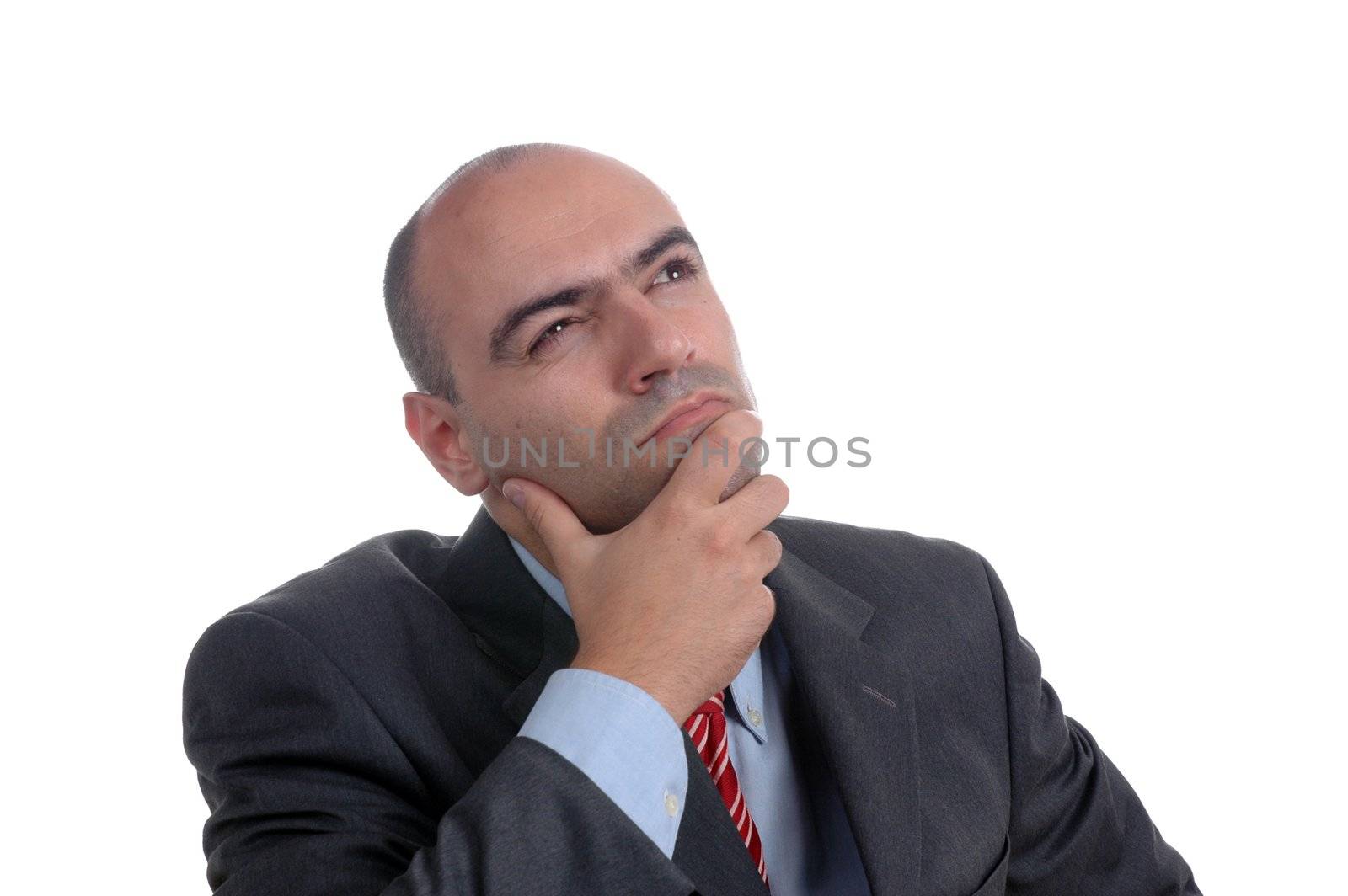 A middle age man think a difficult question over white background