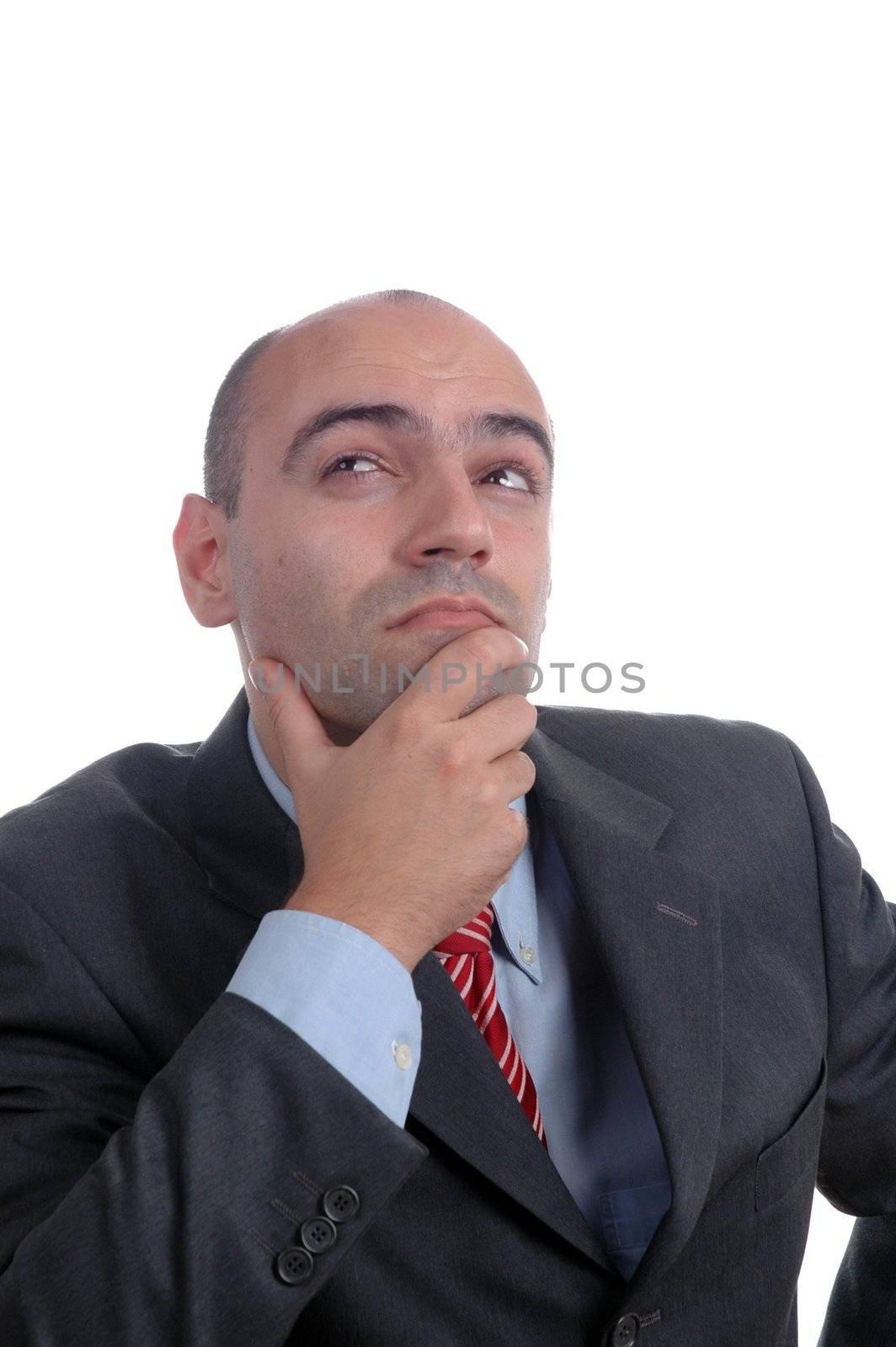 bald businessman thinking isolated on white background