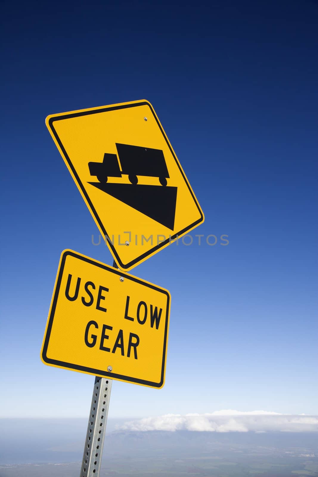 Steep grade truck road sign in Haleakala National Park, Maui, Hawaii.