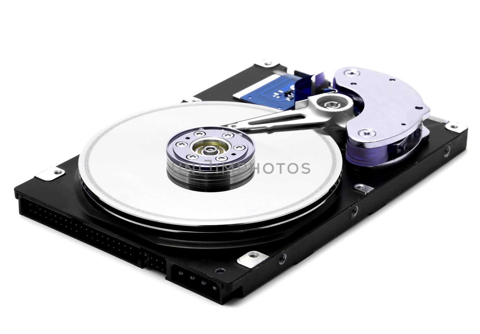 Open hard disk drive isolated in white background