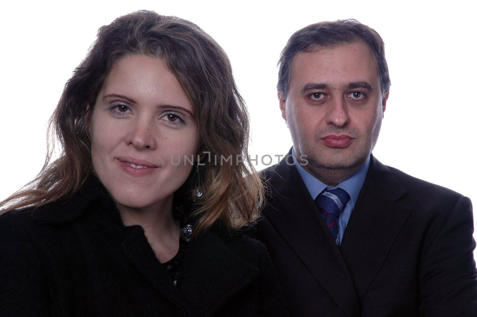 business partners smiling over a white background, focus in her eyes