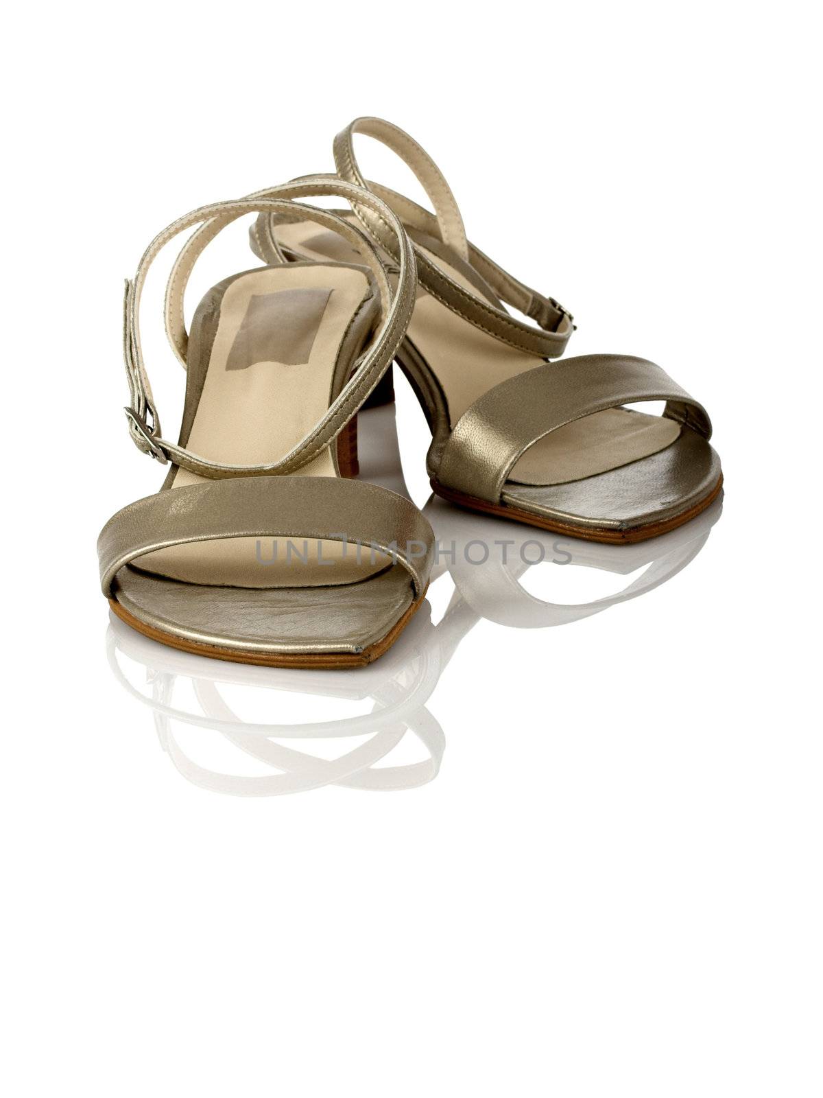 Beautiful feminine sandals on white with reflection