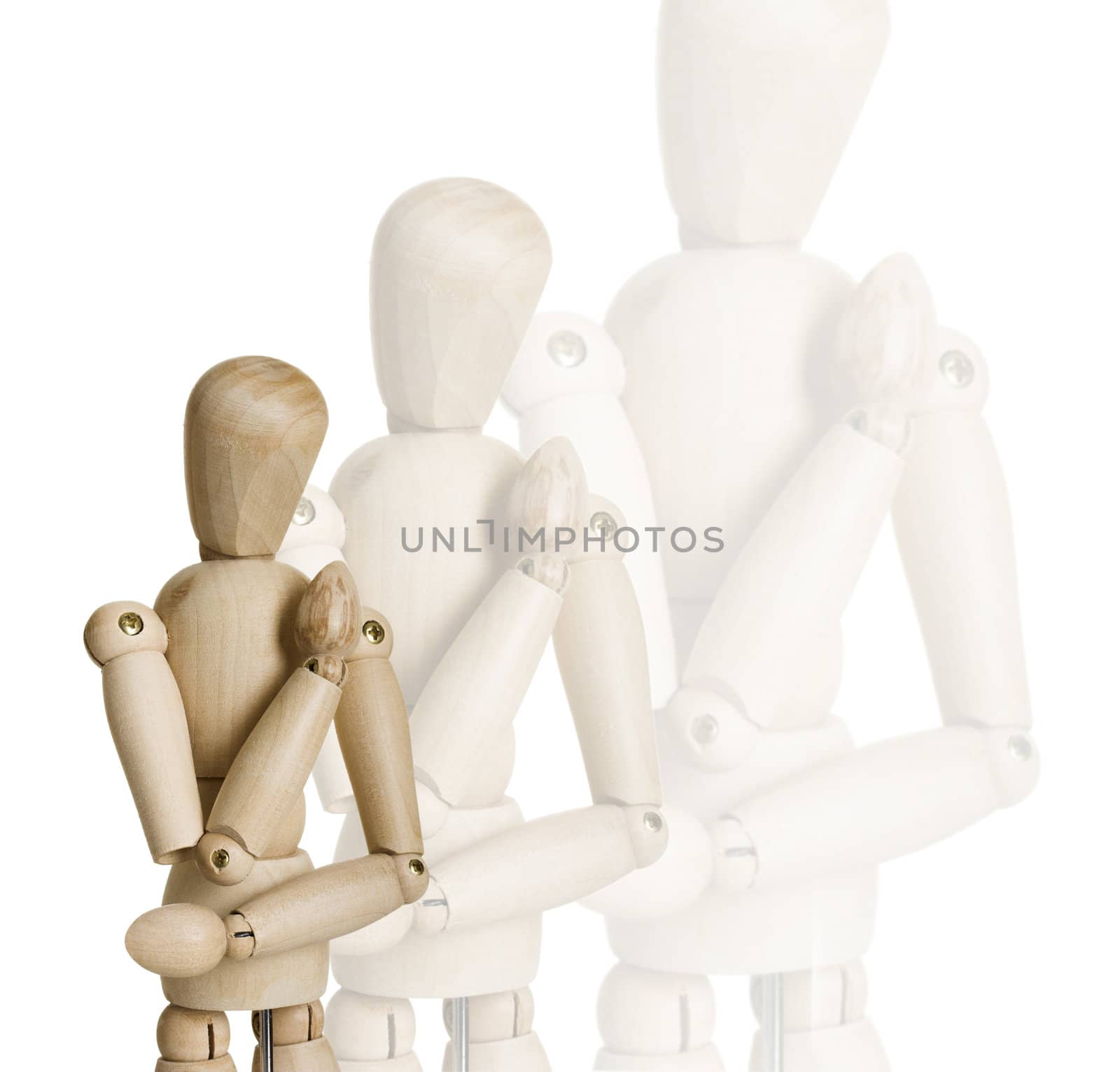 Picture collage of four wooden marionettes on a white background 