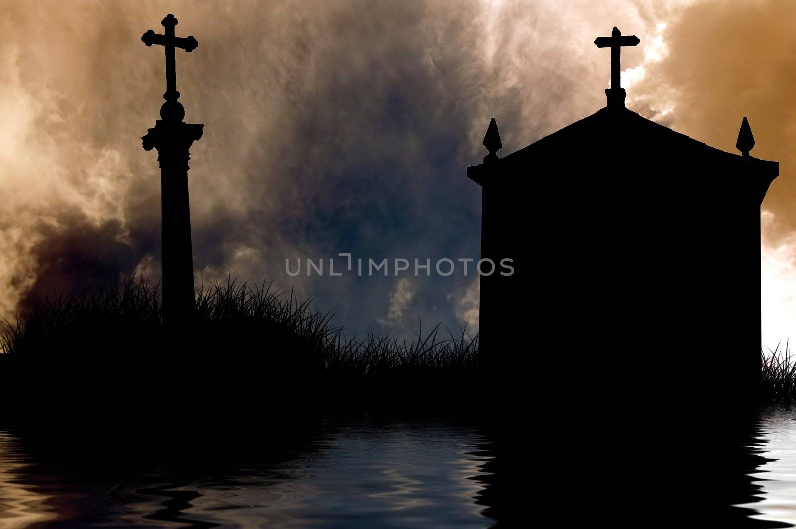 christian church and cross silhouette and the clouds in dramatic by raalves