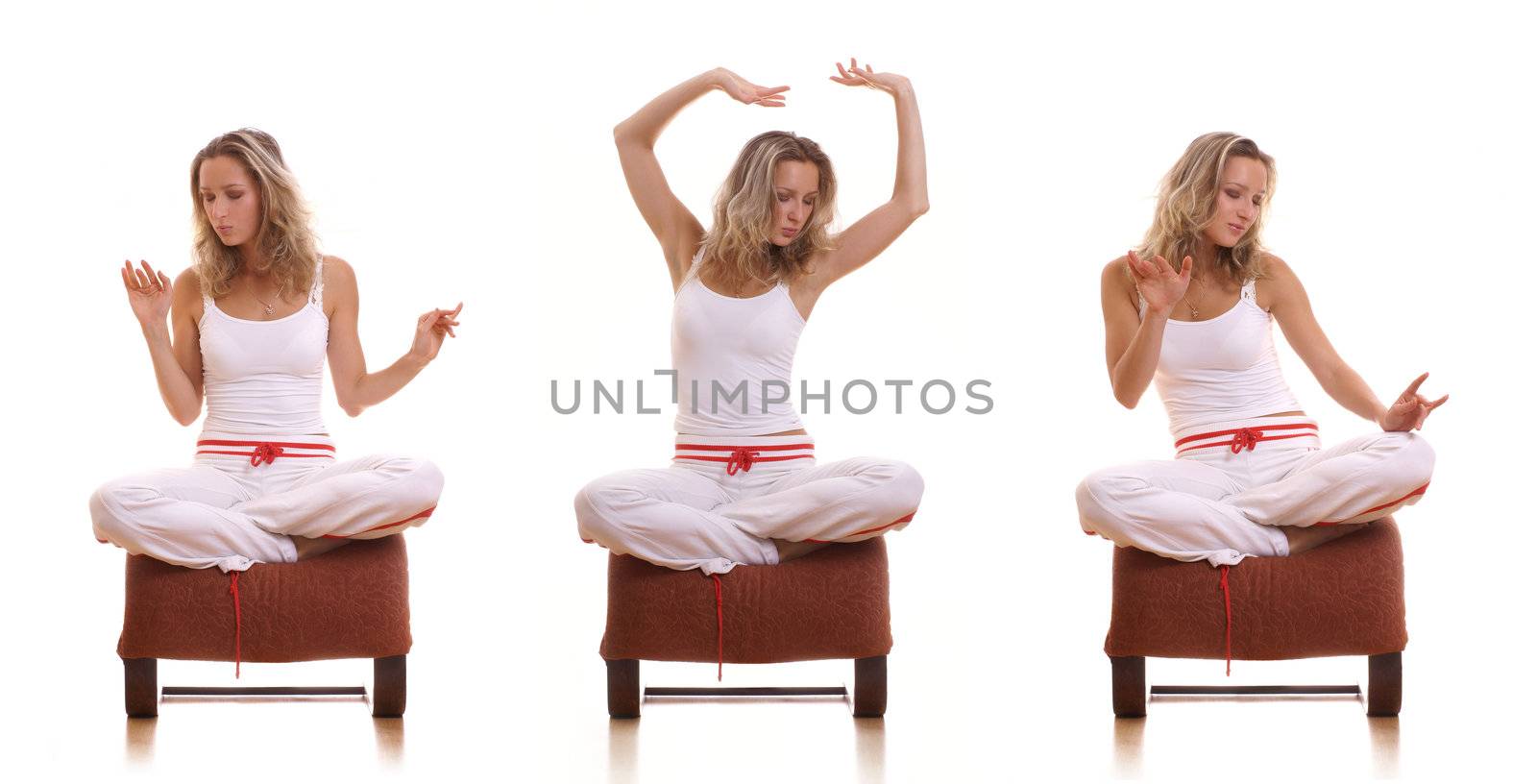 Young beautiful meditating fit lady isolated on white             