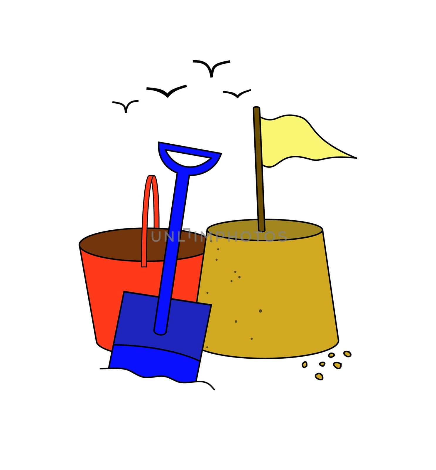 Illustration of a sandcastle bucket spade and seagulls
