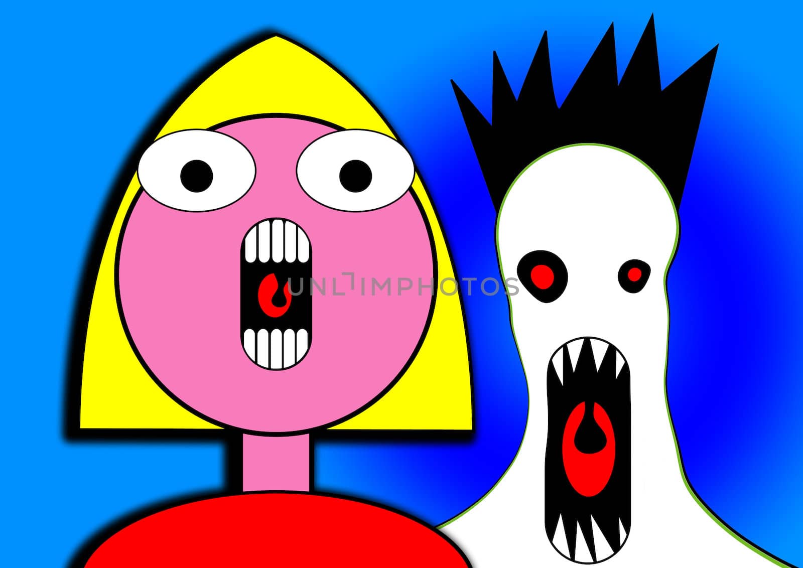 A little girl who is screaming from the fright of the monster behind her. It would be a good image for Halloween.
