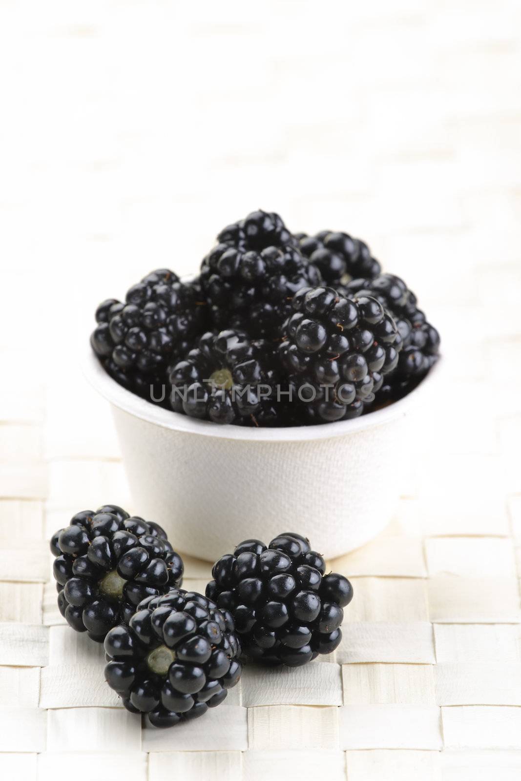 Fresh picked organic blackberries in a recyclable bowl.