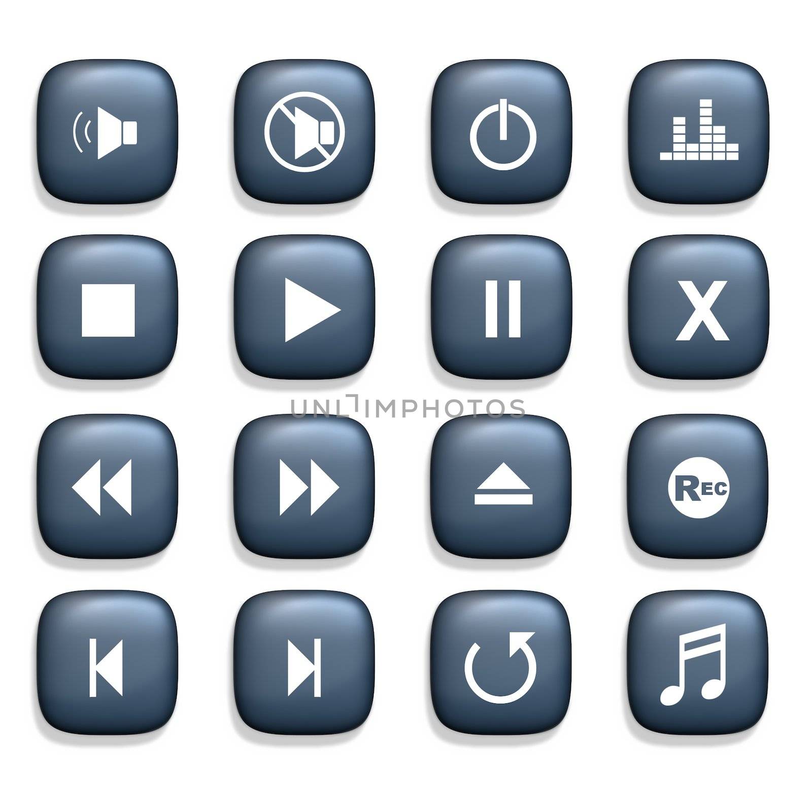 16 Media player icons over a white background
