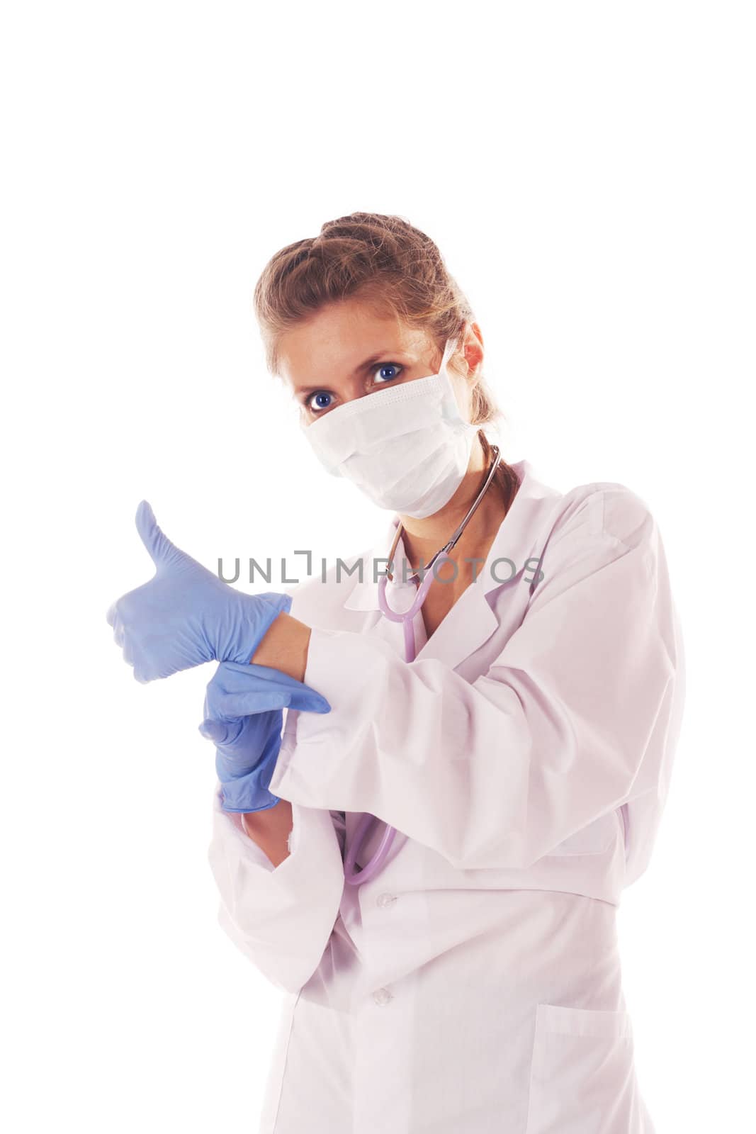 female doctor putting on the gloves