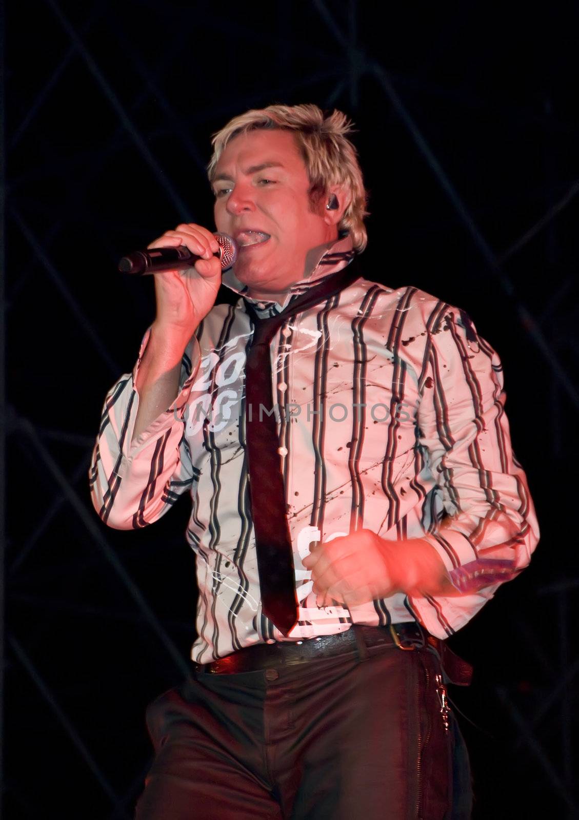 Duran Duran frontman and vocalist Simon Le Bon live on stage in Malta on 26th July 2008 during Red Carpet Massacre Tour