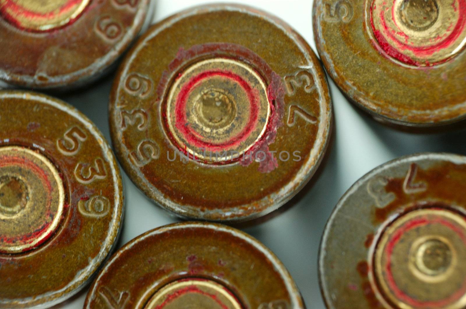 macro set of old used 7,62 mm shells (cartriges) of AK47 isolated on white
