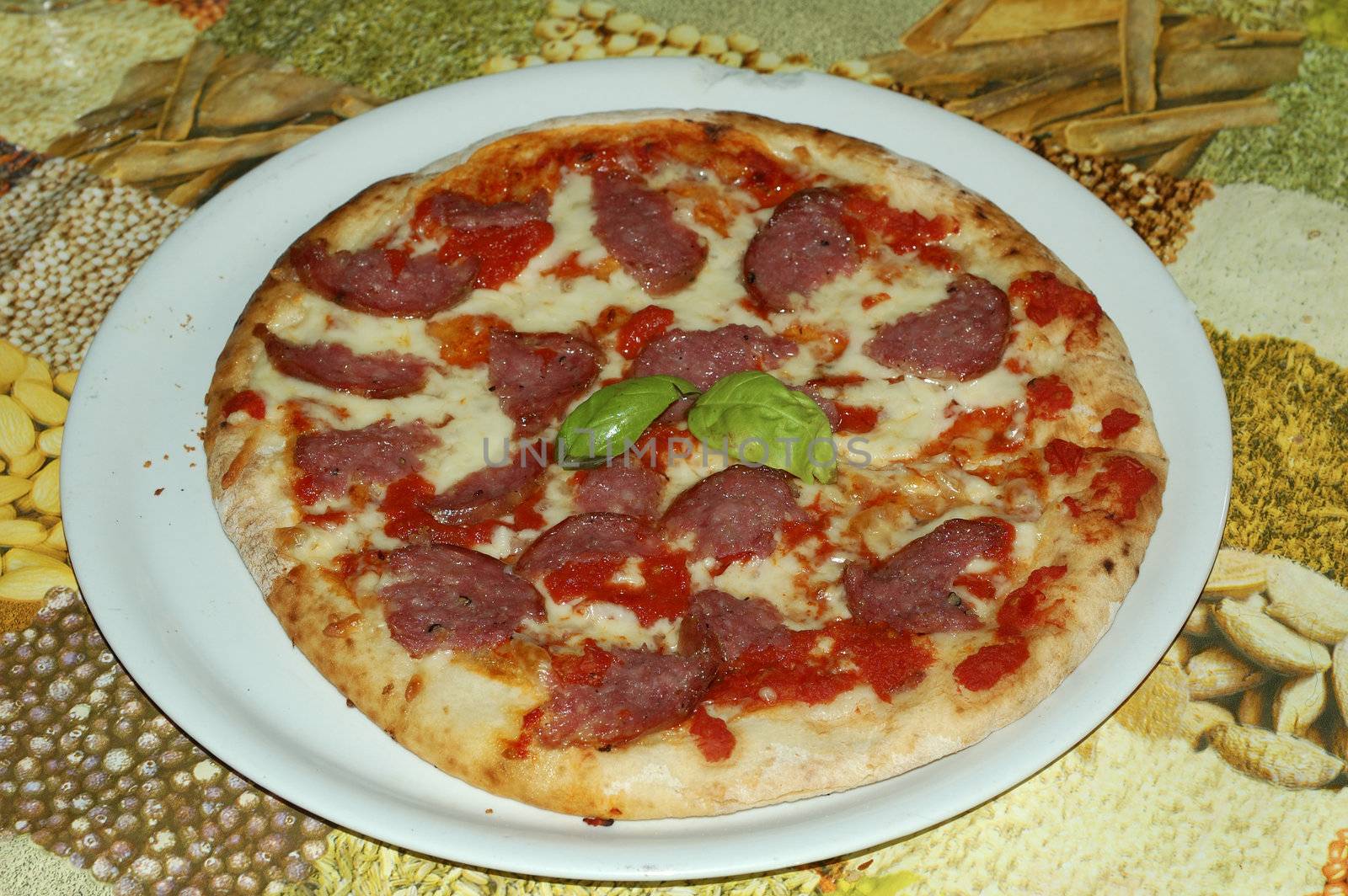 a spicy salami pizza just served in pizzeria restaurant