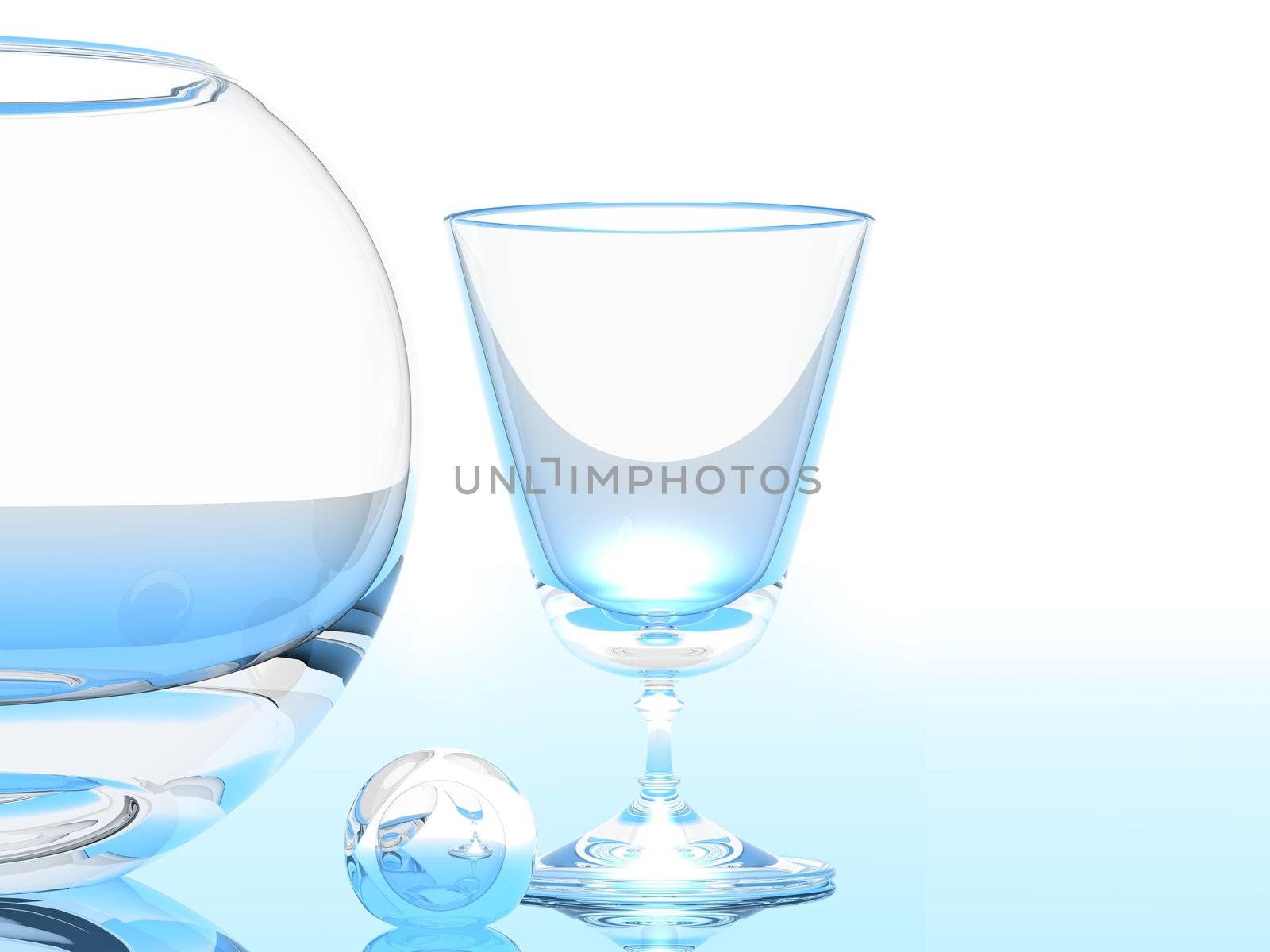 High Resolution rendered 3D glass, a glass ball and a bowl