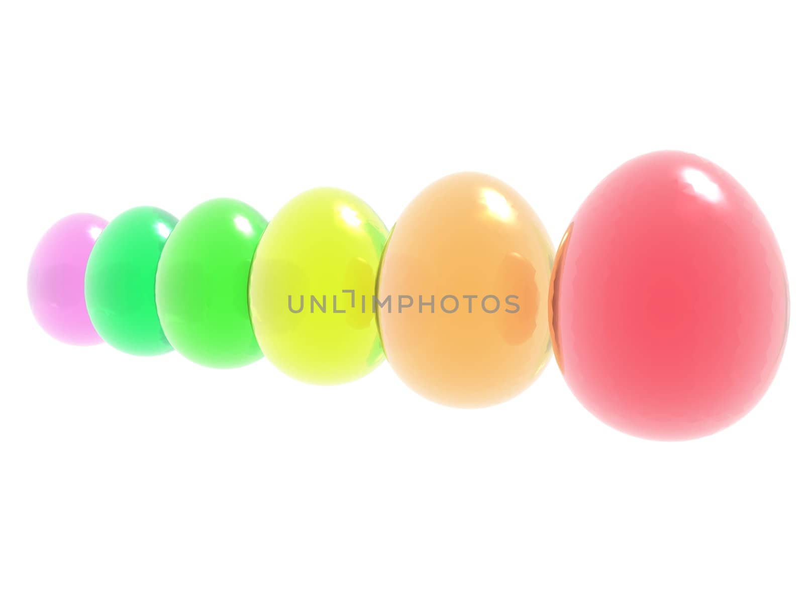 Brightly colored Easter eggs on a reflective surface.