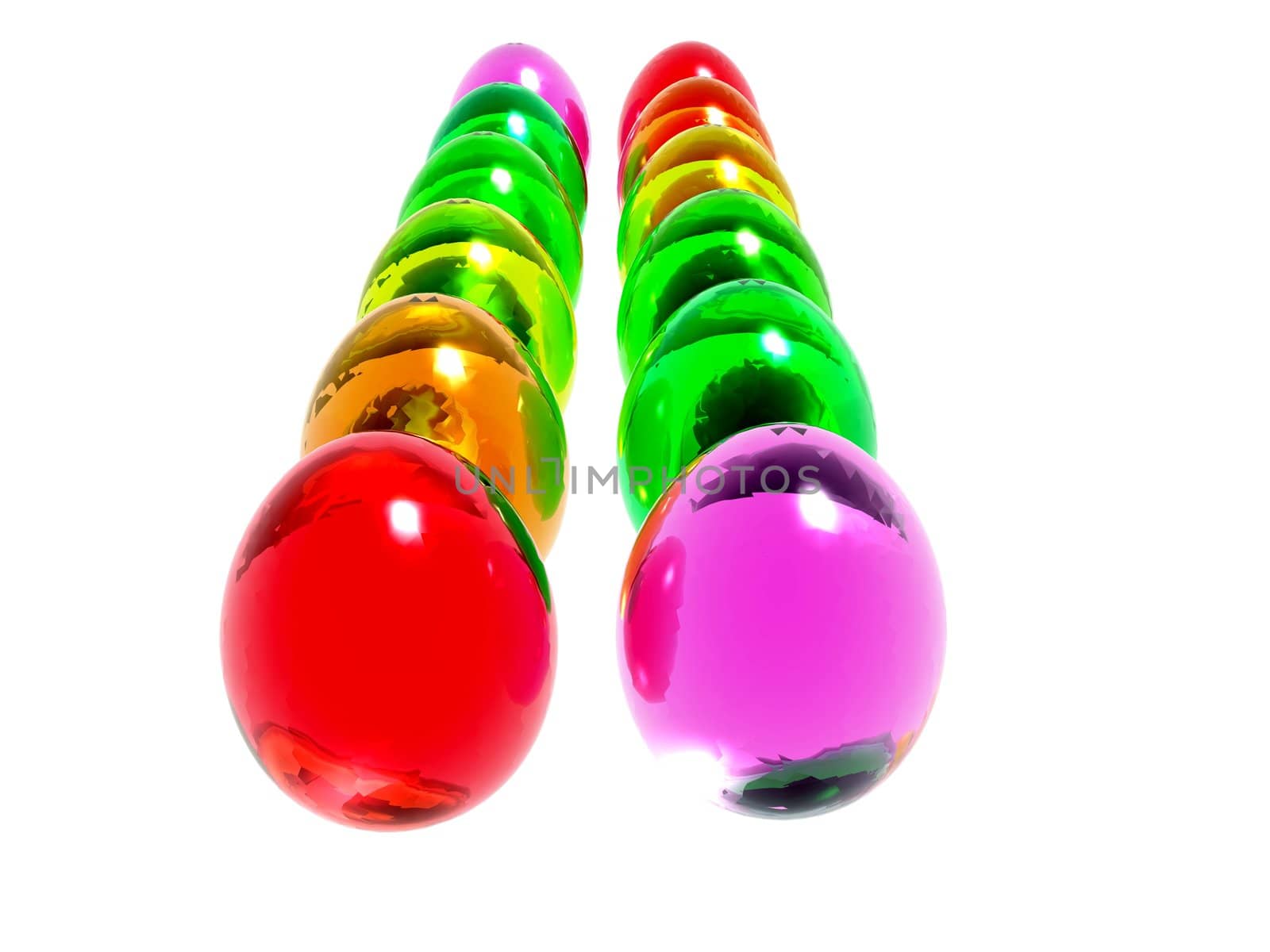 Brightly colored Easter eggs on a reflective surface.