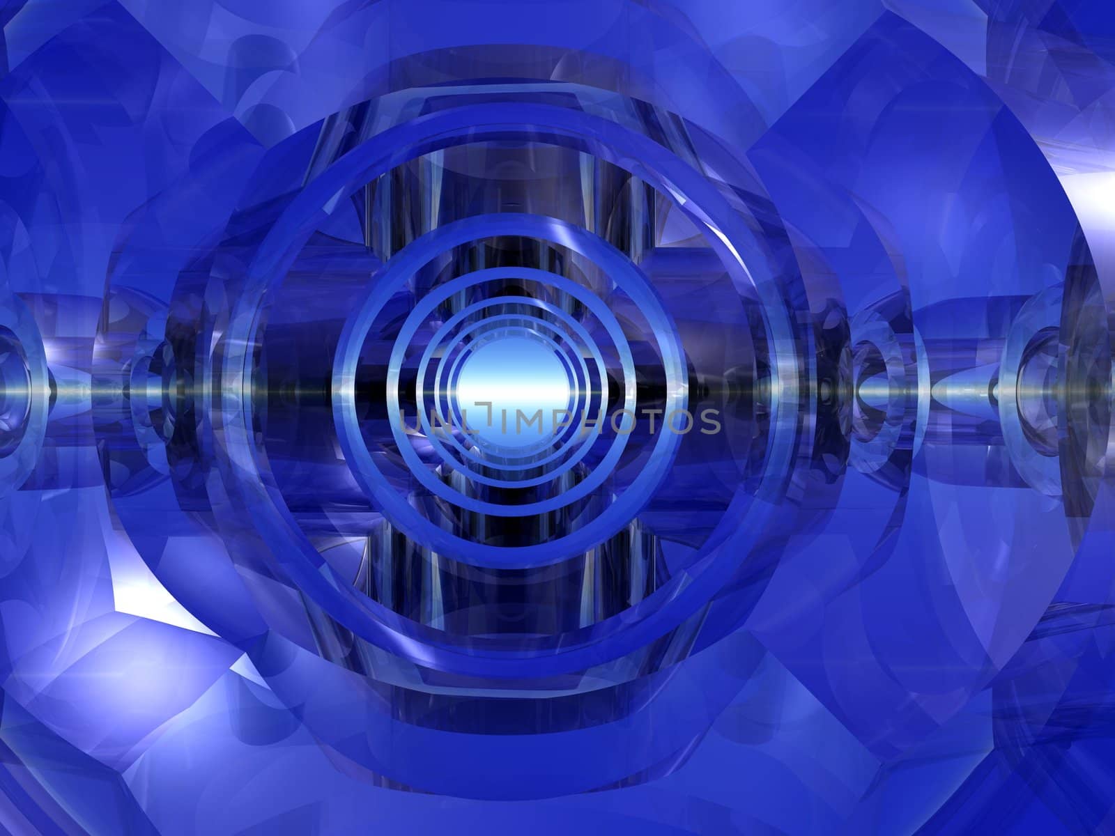 A futuristic tunnel made of glass and lit in blue.