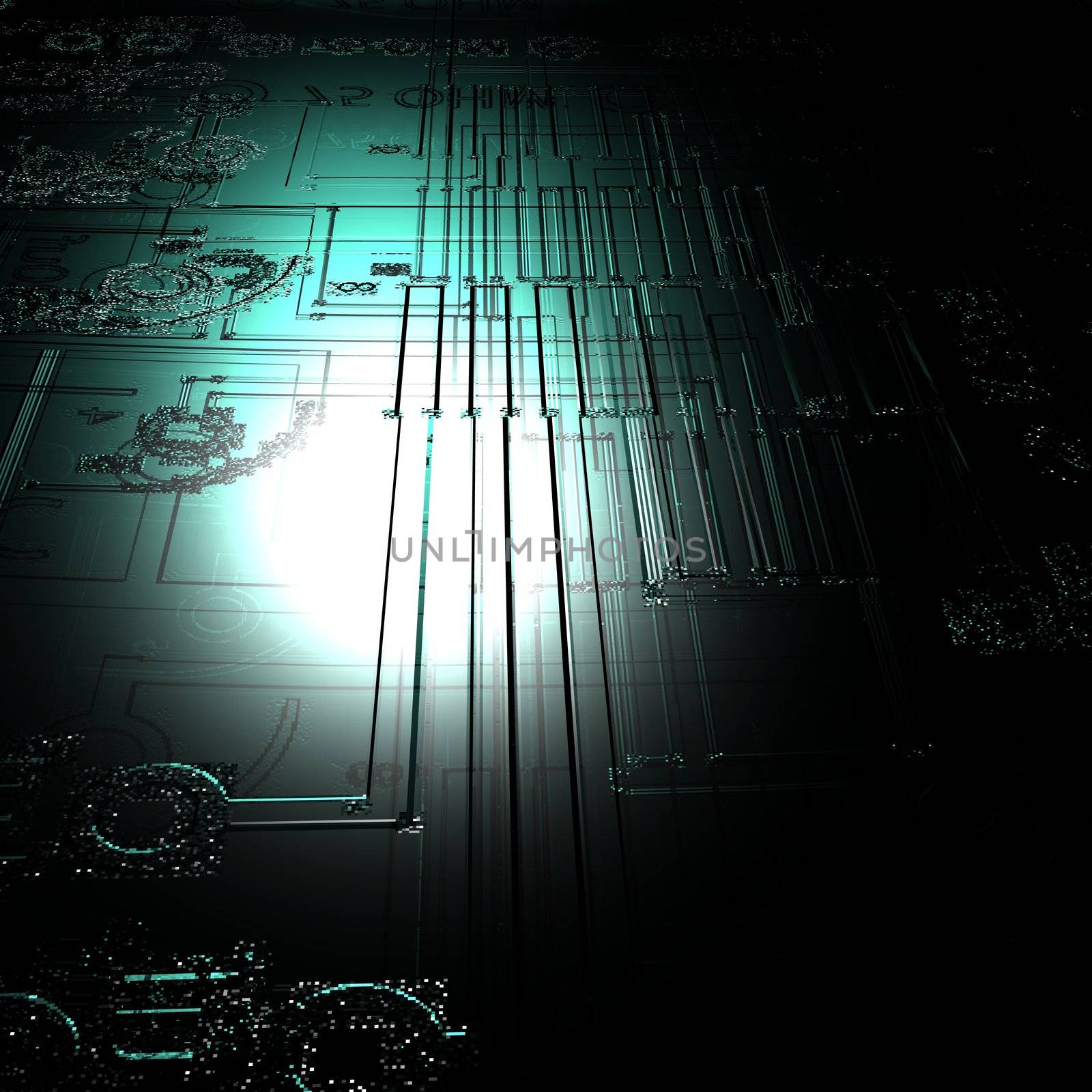 A conceptual image of a circuit board on glass lit be a single flection.