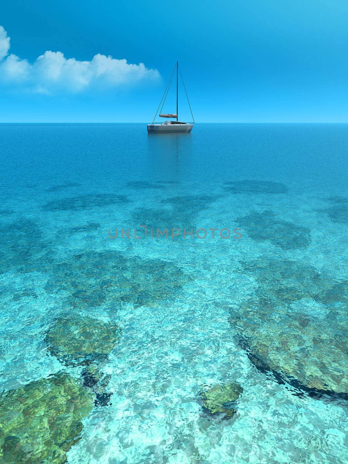 Yacht in the middle of the beautiful sea. Digitally created and rendered.
