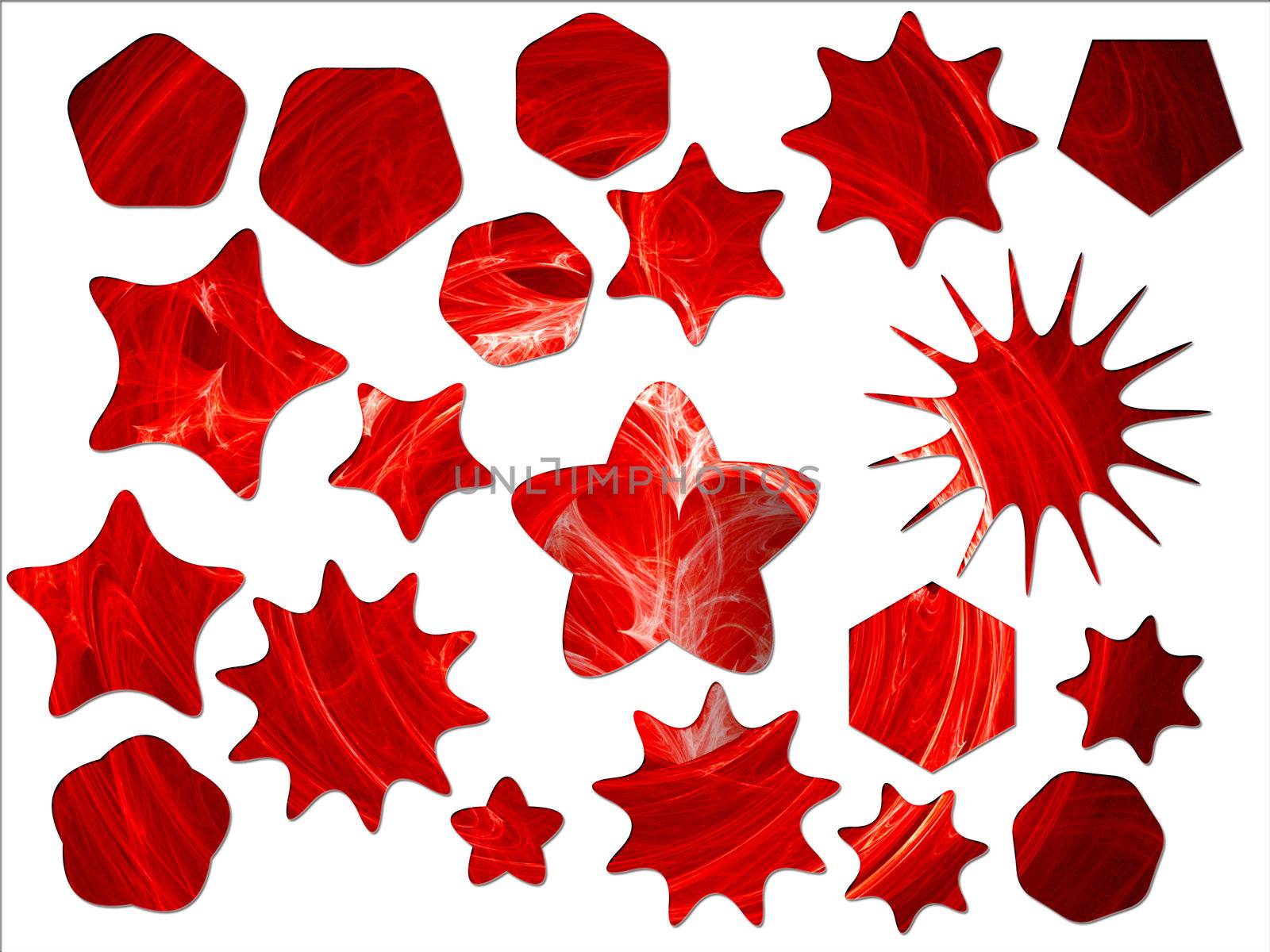 Fractal Swirly Heart on Fire Star Shapes on White Background