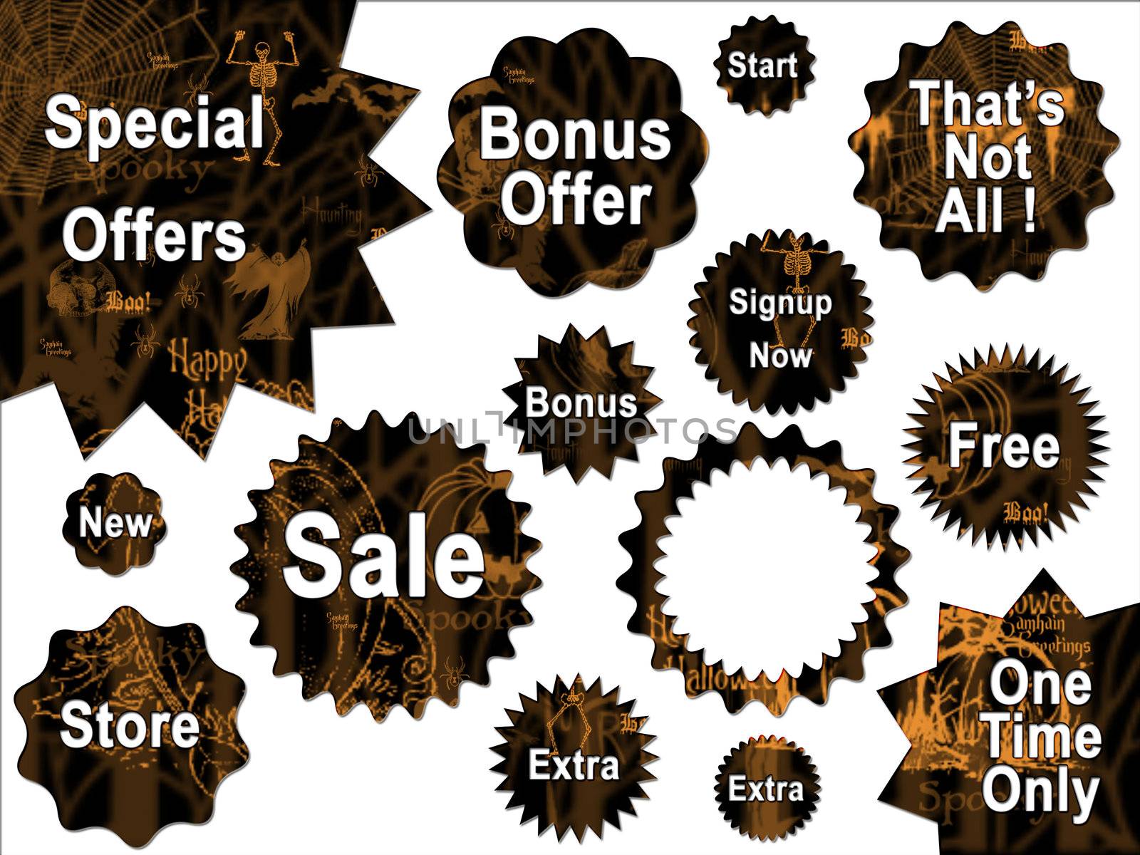 Black and orange Halloween For Sale and Offer Stars and Shapes Stickers Website Buttons Interface