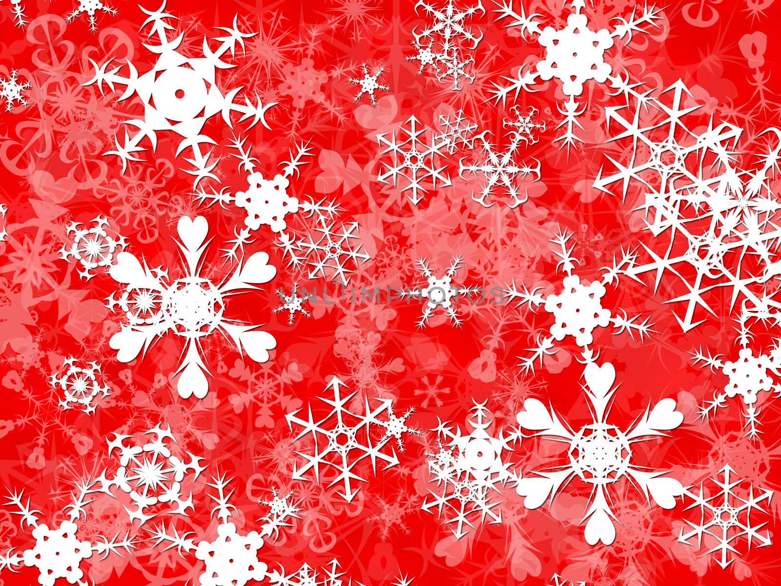Bright White christmas snowflakes on a red background design by bobbigmac