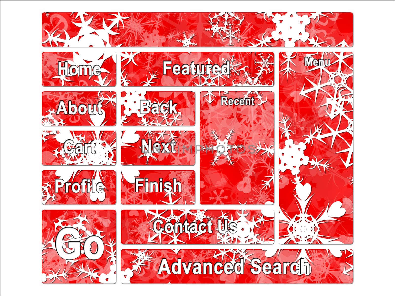 Christmas or festive season website navigation buttons with snow flakes