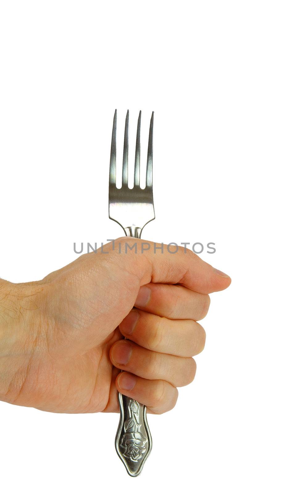 Man's hand holding a fork on a white background