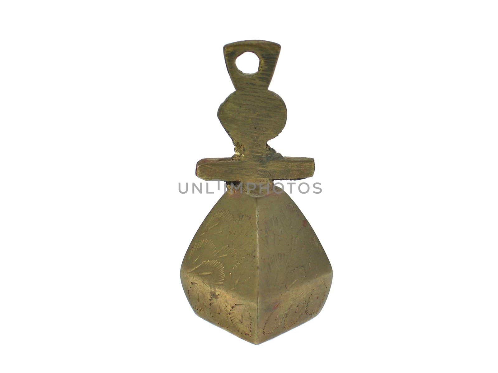 Antique Christian metal bell with cross isolated on white