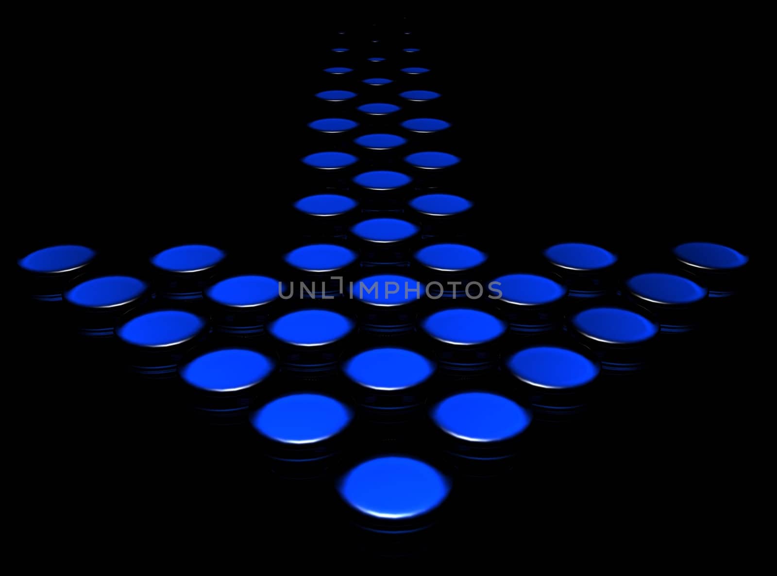 A blue arrow consisting of disc shaped tiles.