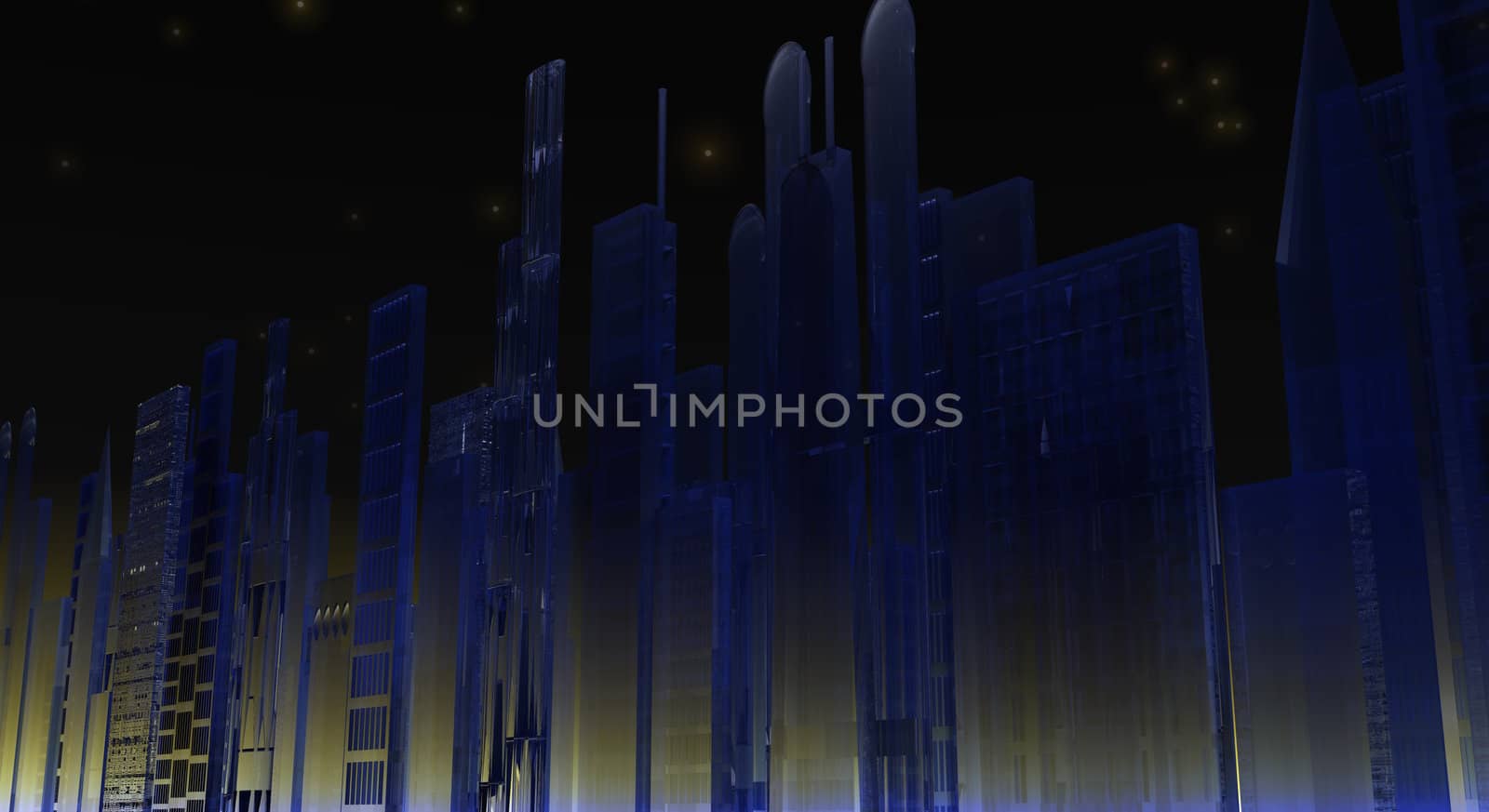 An illustration of a cityscape at night with light shining from the streets.