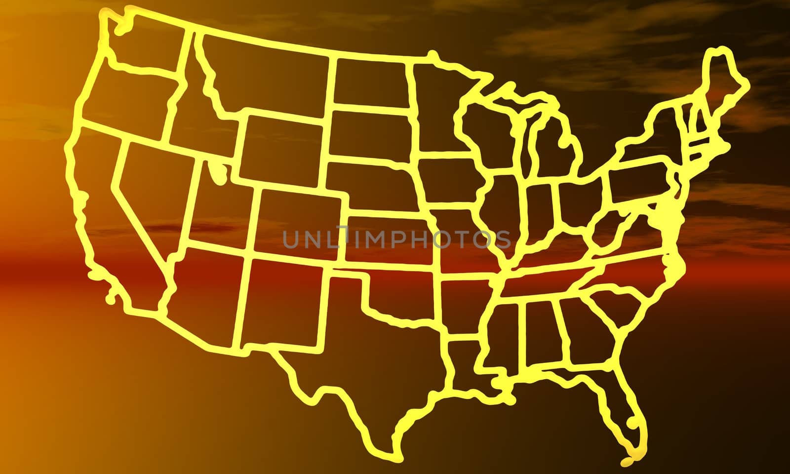 An Illustration of the United States against a warm toned background.