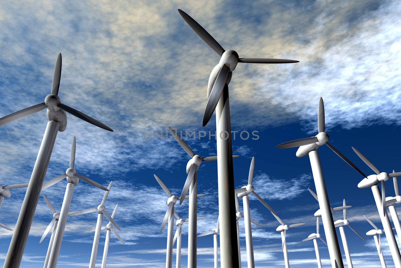 An illustration of wind power generators against a partly cloudy sky.