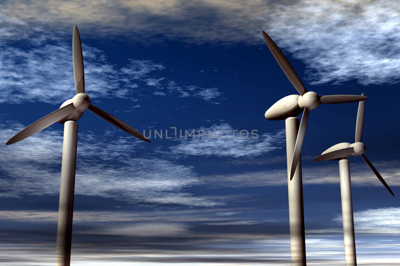 An illustration of wind power generators against a partly cloudy sky.