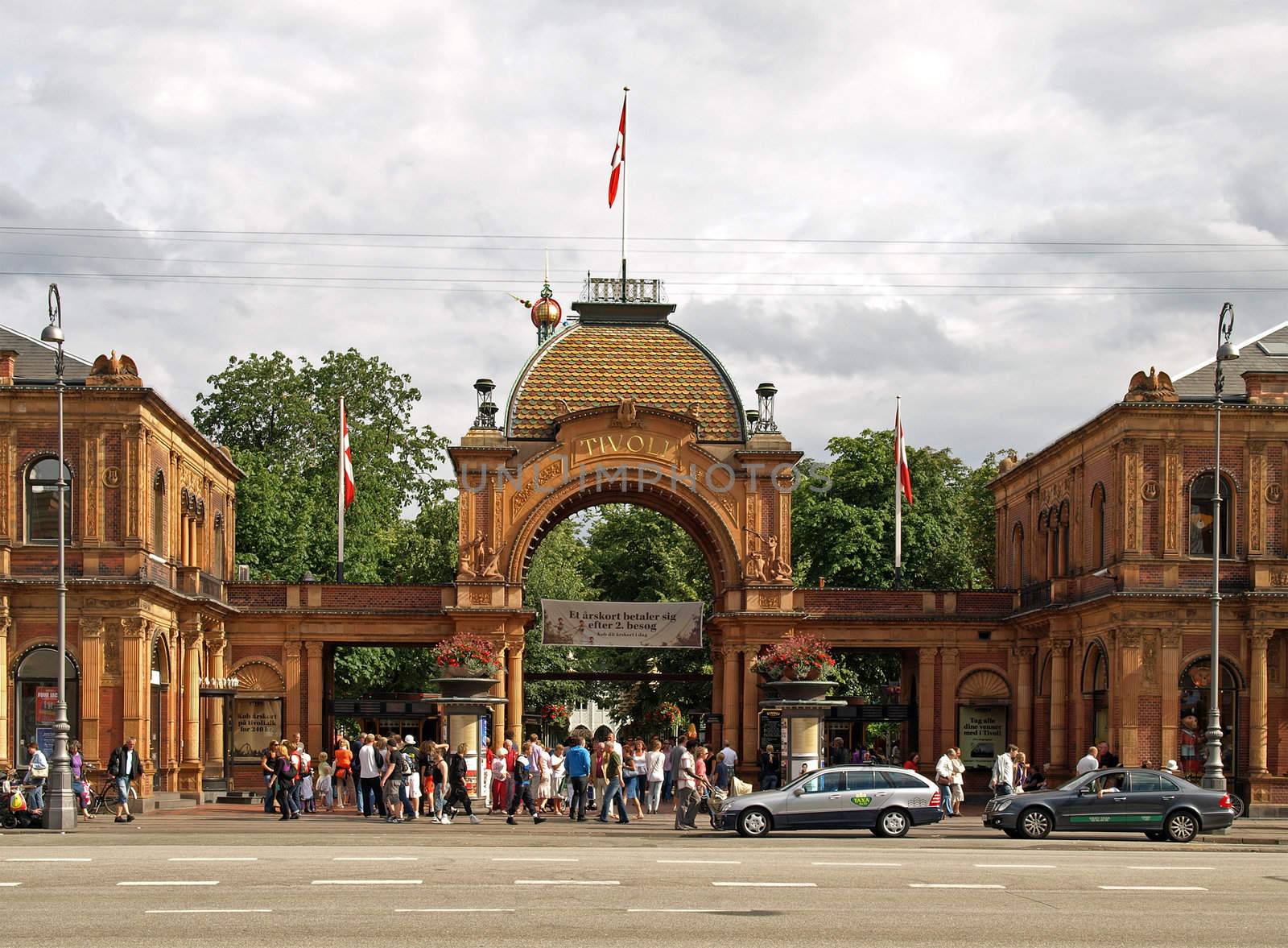 TIVOLI, COPENHAGEN - JULY 19: Tivoli Gardens entrance, July 19, 2009. Built in 1843, it is the most famous amusement park in Denmark. It is a place of enjoyment and recreation for tourists and Danes.