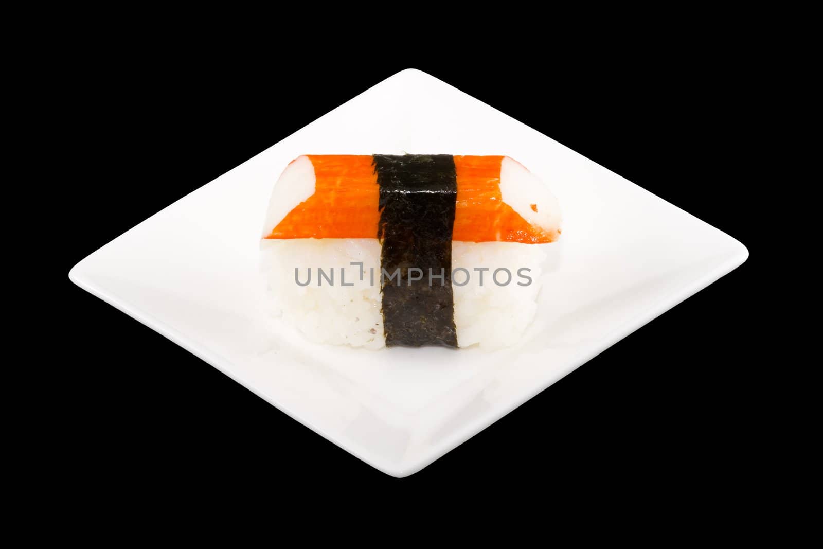a square white plate with a piece of sushi