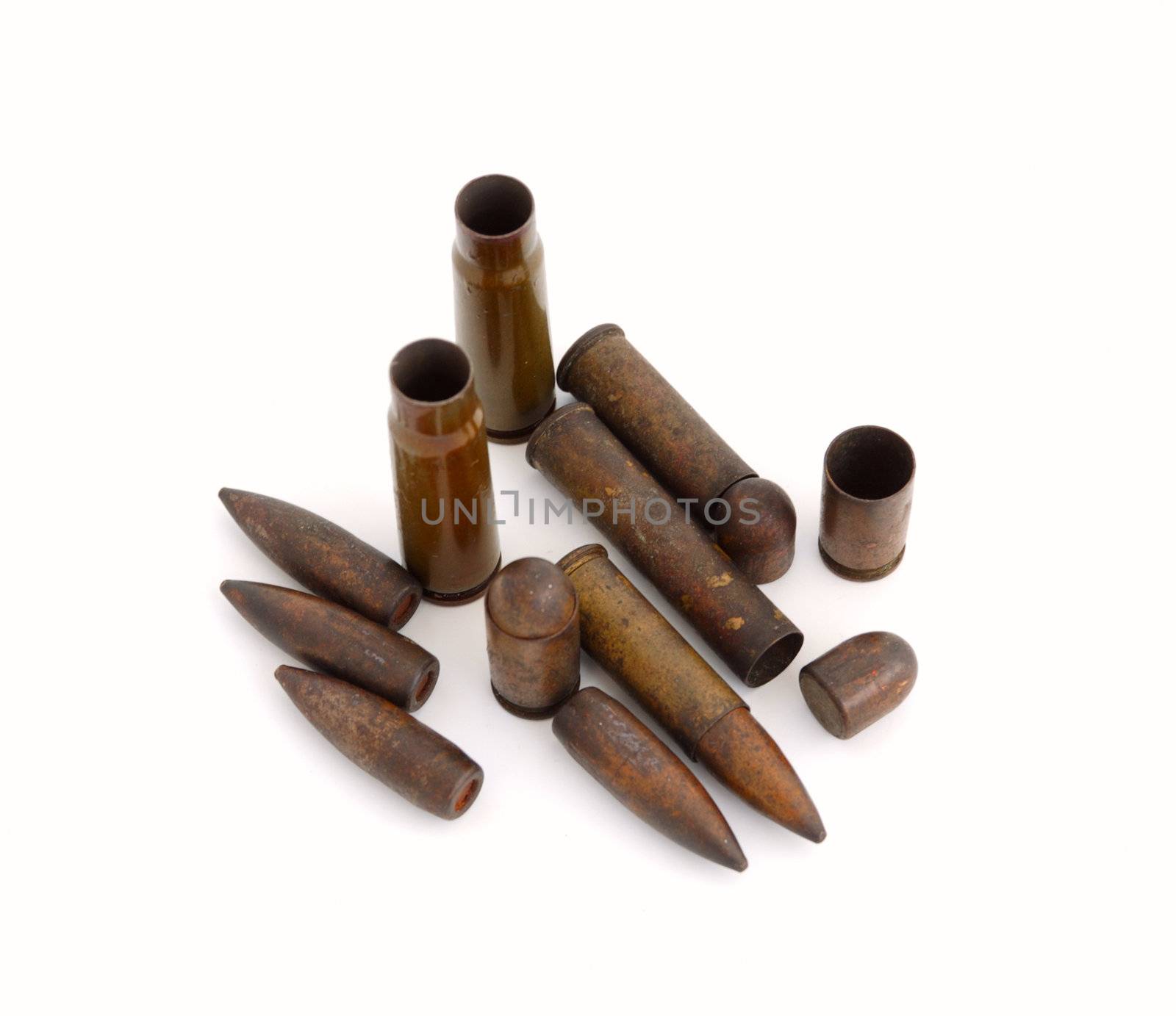 set of old used shells (cartriges, bullets) of World War