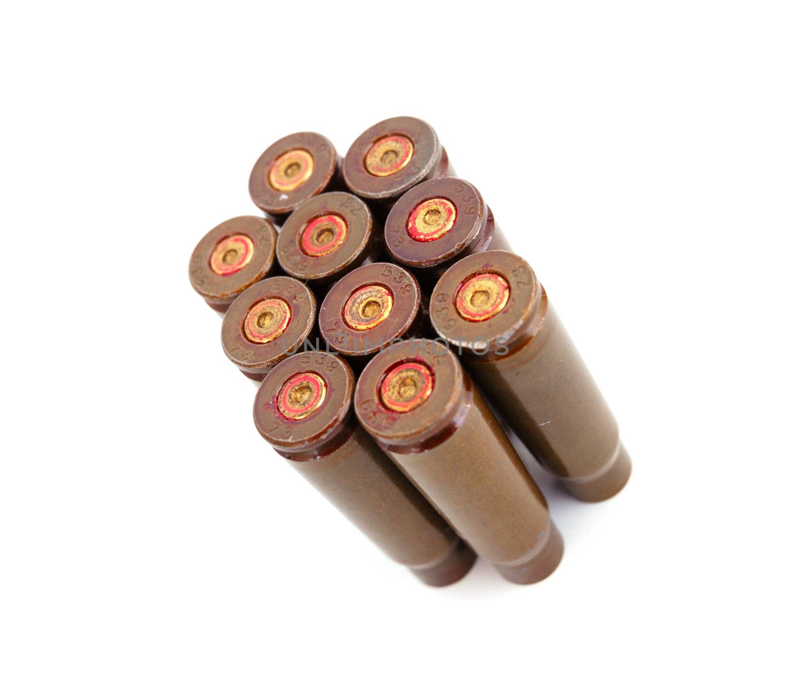 closeup of old used 7,62 mm shells (cartriges) of AK47 isolated on white