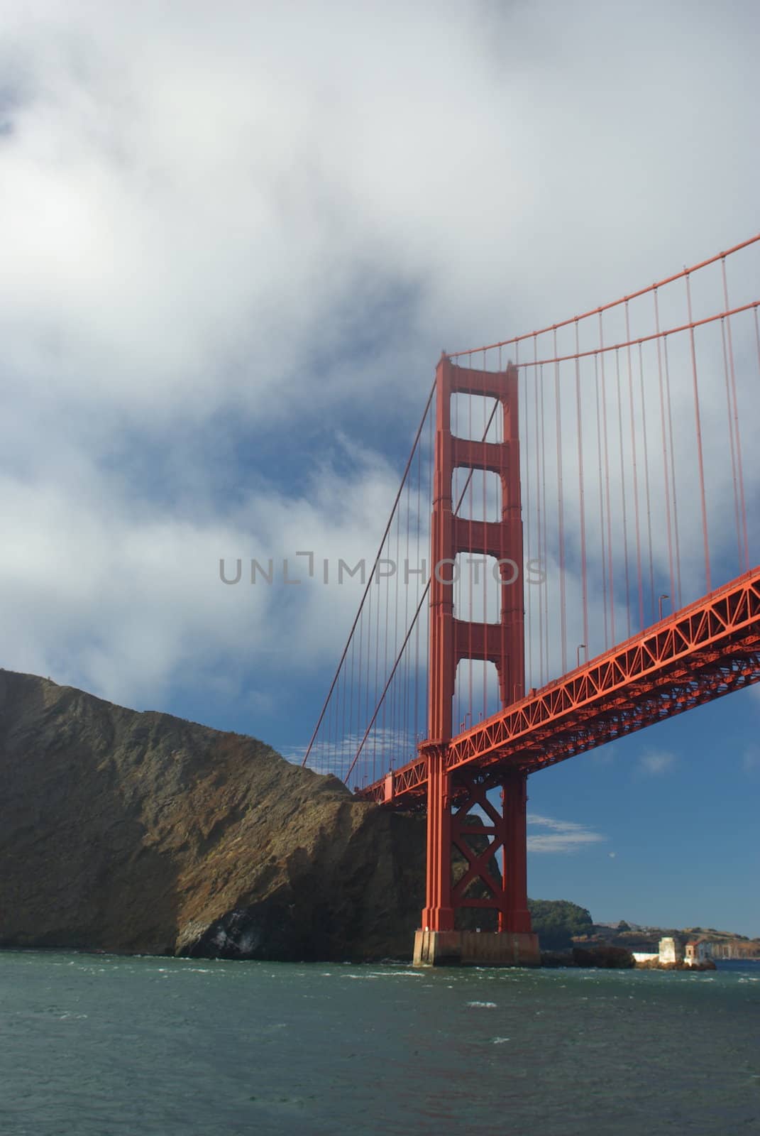 The Golden Gate bridge viewed from the middle of the bay entrance.