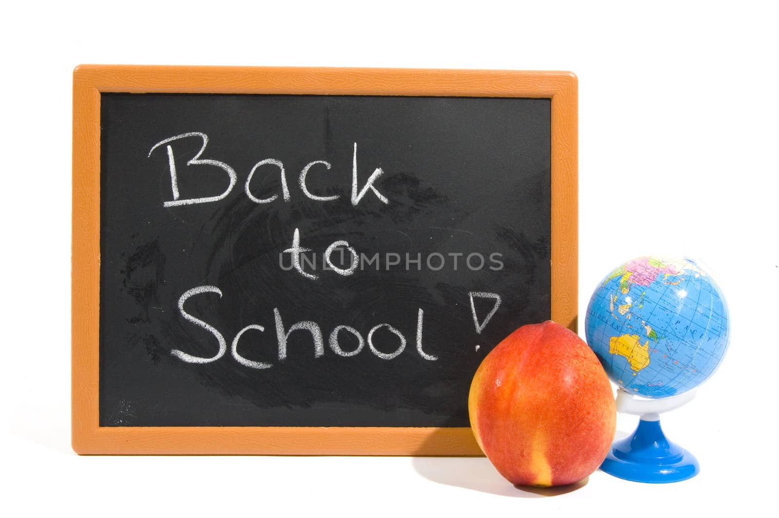 chalkboard with text back to school and apple and globe by ladyminnie